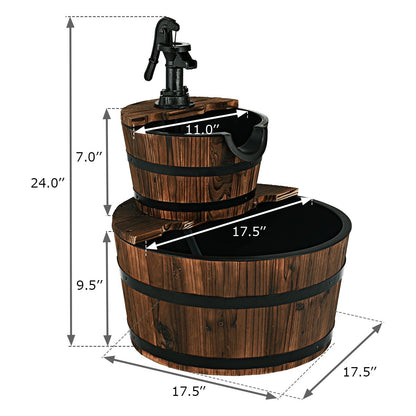 Rustic 2 Tier Wooden Barrel Waterfall Fountain with Decorative Pump
