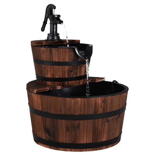 Rustic 2 Tier Wooden Barrel Waterfall Fountain with Decorative Pump