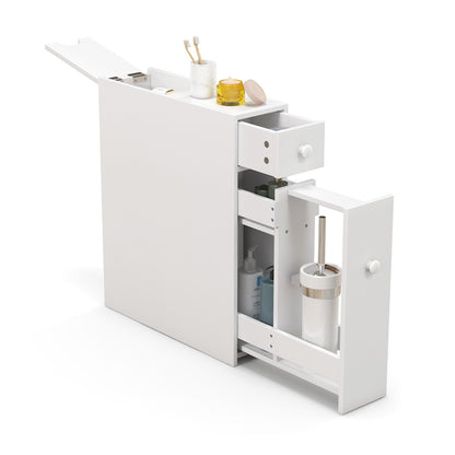 Slim White Bathroom Storage Cabinet with Slide Out Drawers