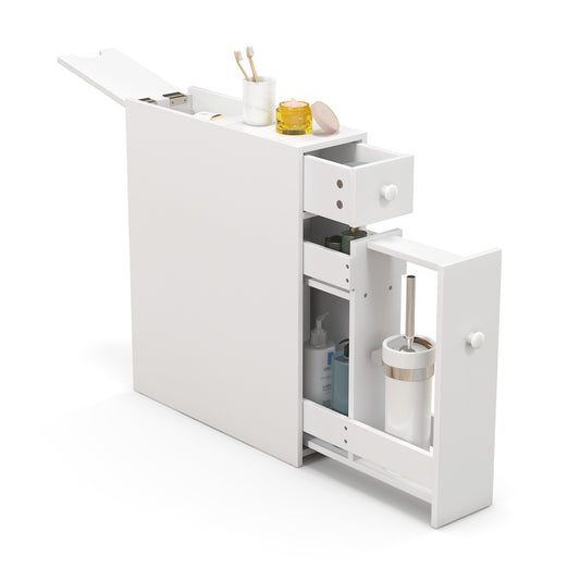 Slim White Bathroom Storage Cabinet with Slide Out Drawers