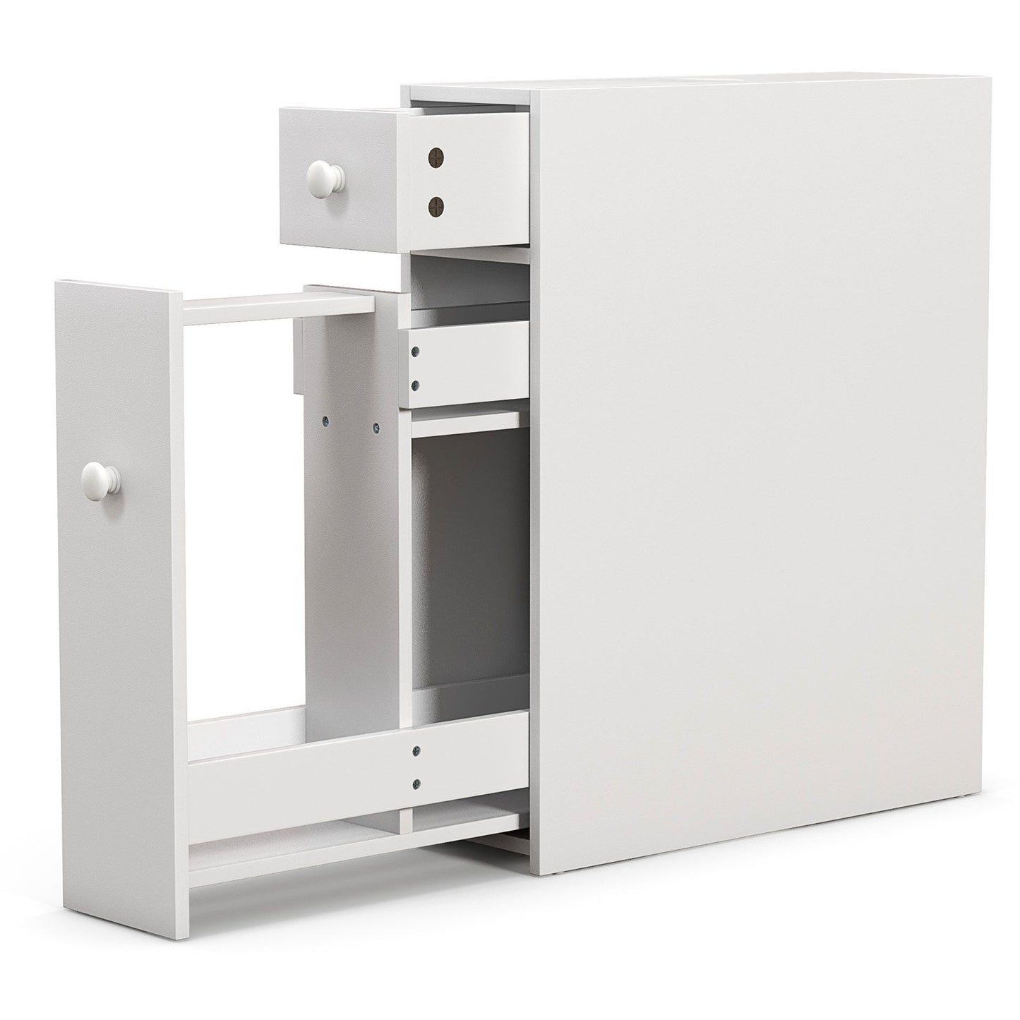 Slim White Bathroom Storage Cabinet with Slide Out Drawers