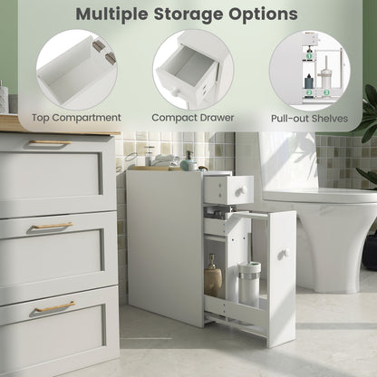 Slim White Bathroom Storage Cabinet with Slide Out Drawers