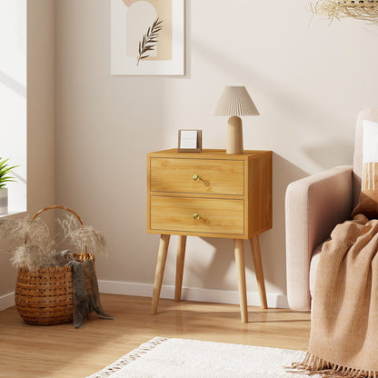 Compact Nightstand with Storage Drawers, Mid-Century Style – Natural