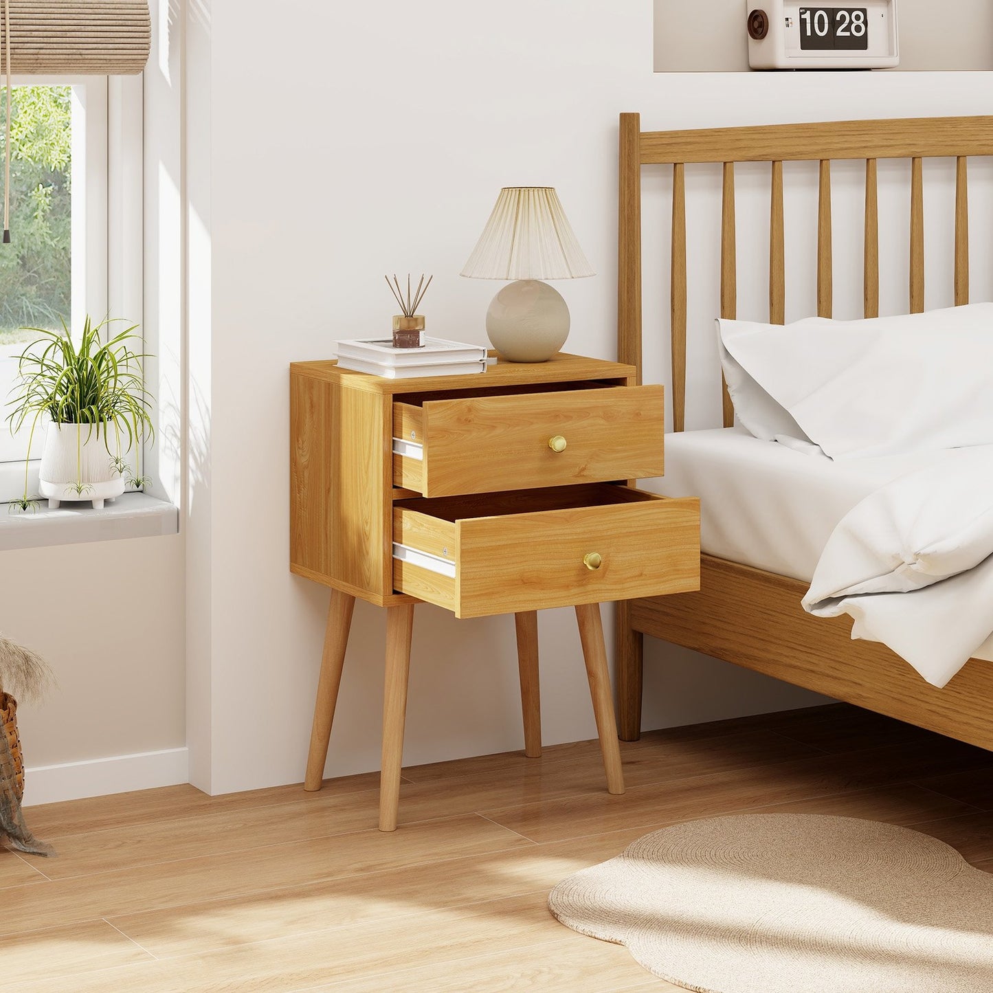 Compact Nightstand with Storage Drawers, Mid-Century Style – Natural