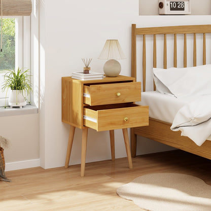 Compact Nightstand with Storage Drawers, Mid-Century Style – Natural