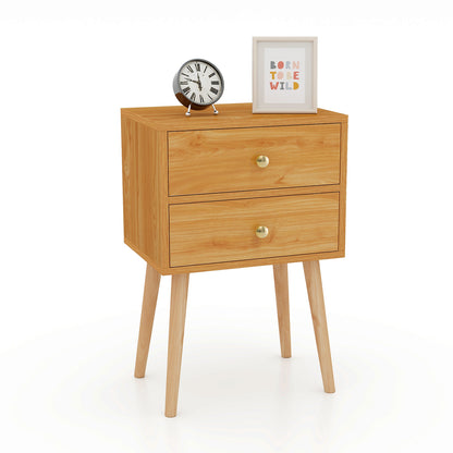 Compact Nightstand with Storage Drawers, Mid-Century Style – Natural