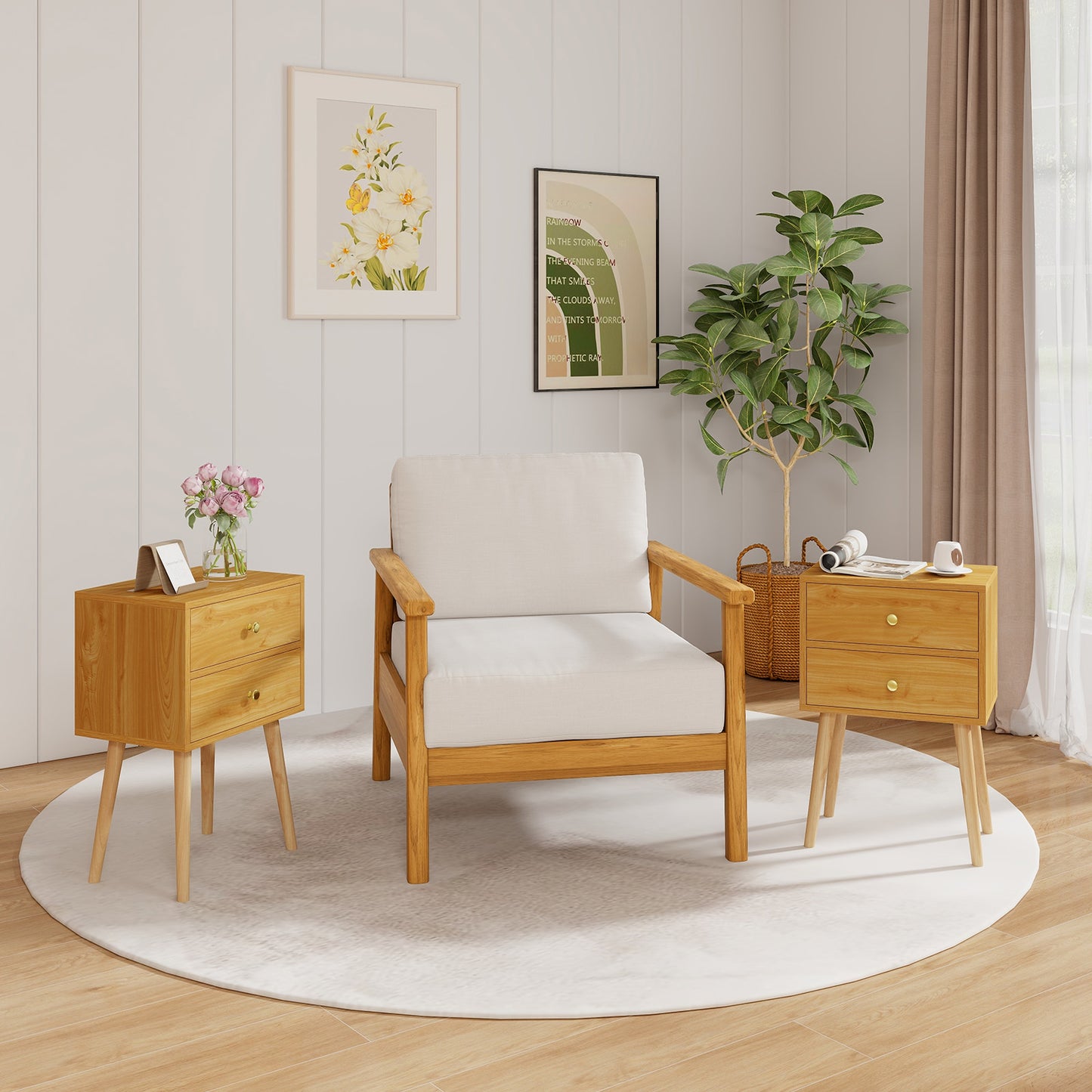 Compact Nightstand with Storage Drawers, Mid-Century Style – Natural