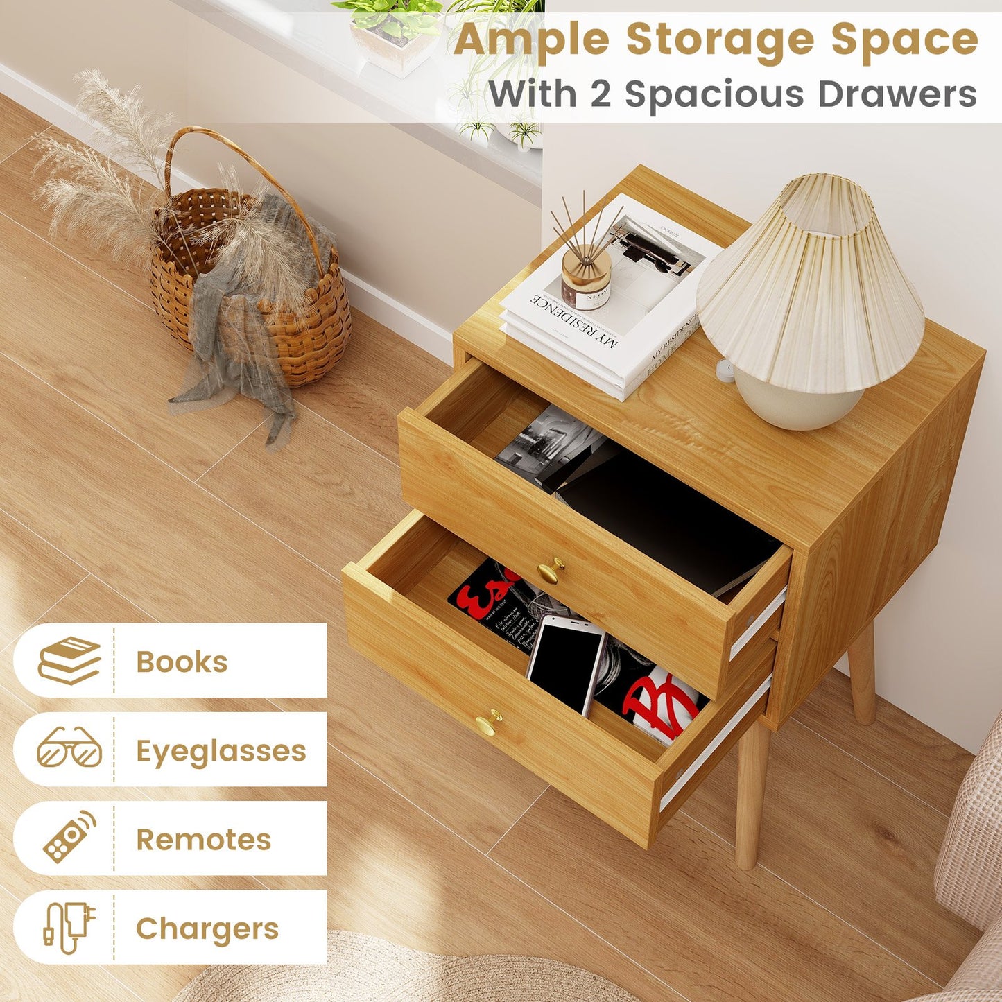 Compact Nightstand with Storage Drawers, Mid-Century Style – Natural