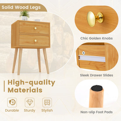 Compact Nightstand with Storage Drawers, Mid-Century Style – Natural