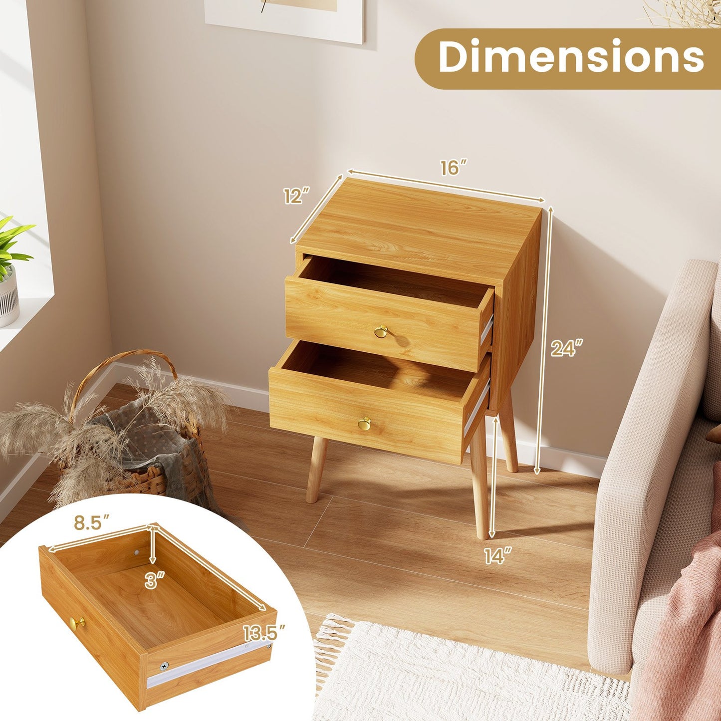 Compact Nightstand with Storage Drawers, Mid-Century Style – Natural
