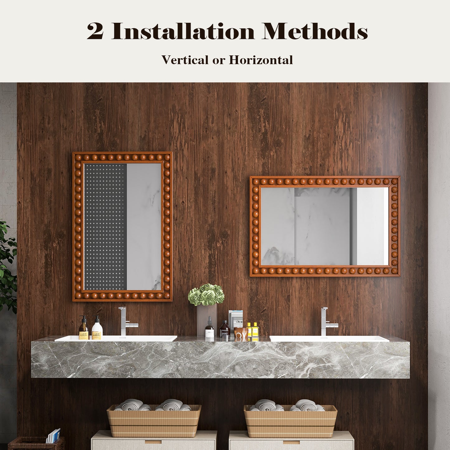 24 x 36 Inch Brown Rustic Wood-Framed Wall Mirror – Perfect for Living Room & Bedroom