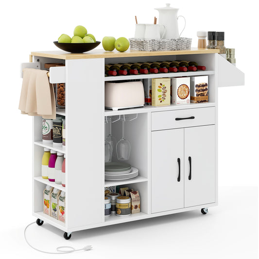 Kitchen Island Cart with Built-In Power Outlets and Storage for Dining Room