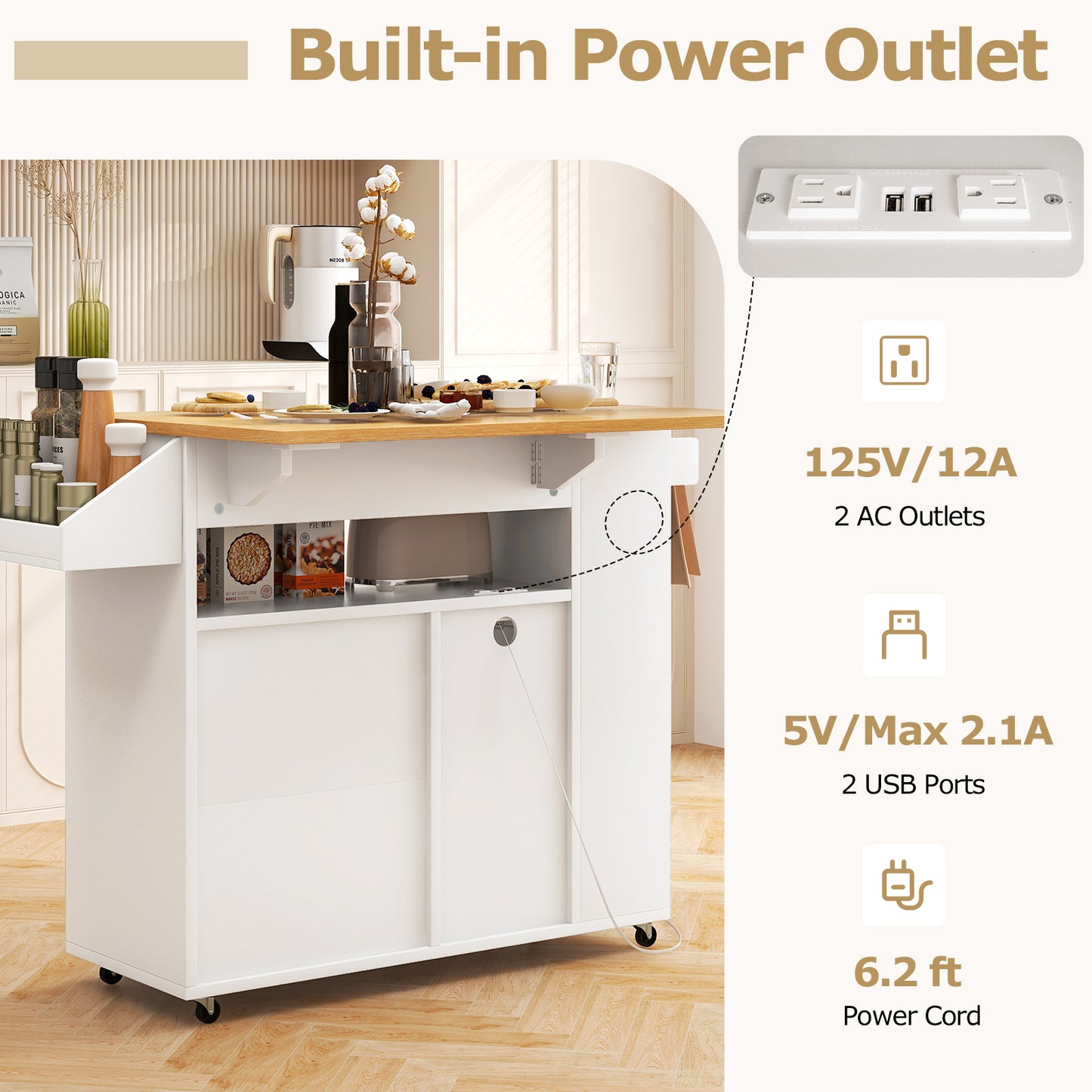 Kitchen Island Cart with Built-In Power Outlets and Storage for Dining Room