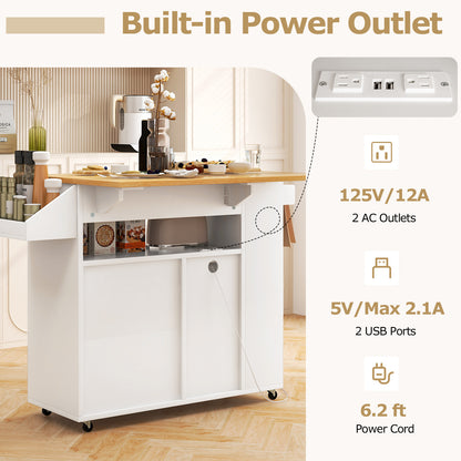 Kitchen Island Cart with Built-In Power Outlets and Storage for Dining Room