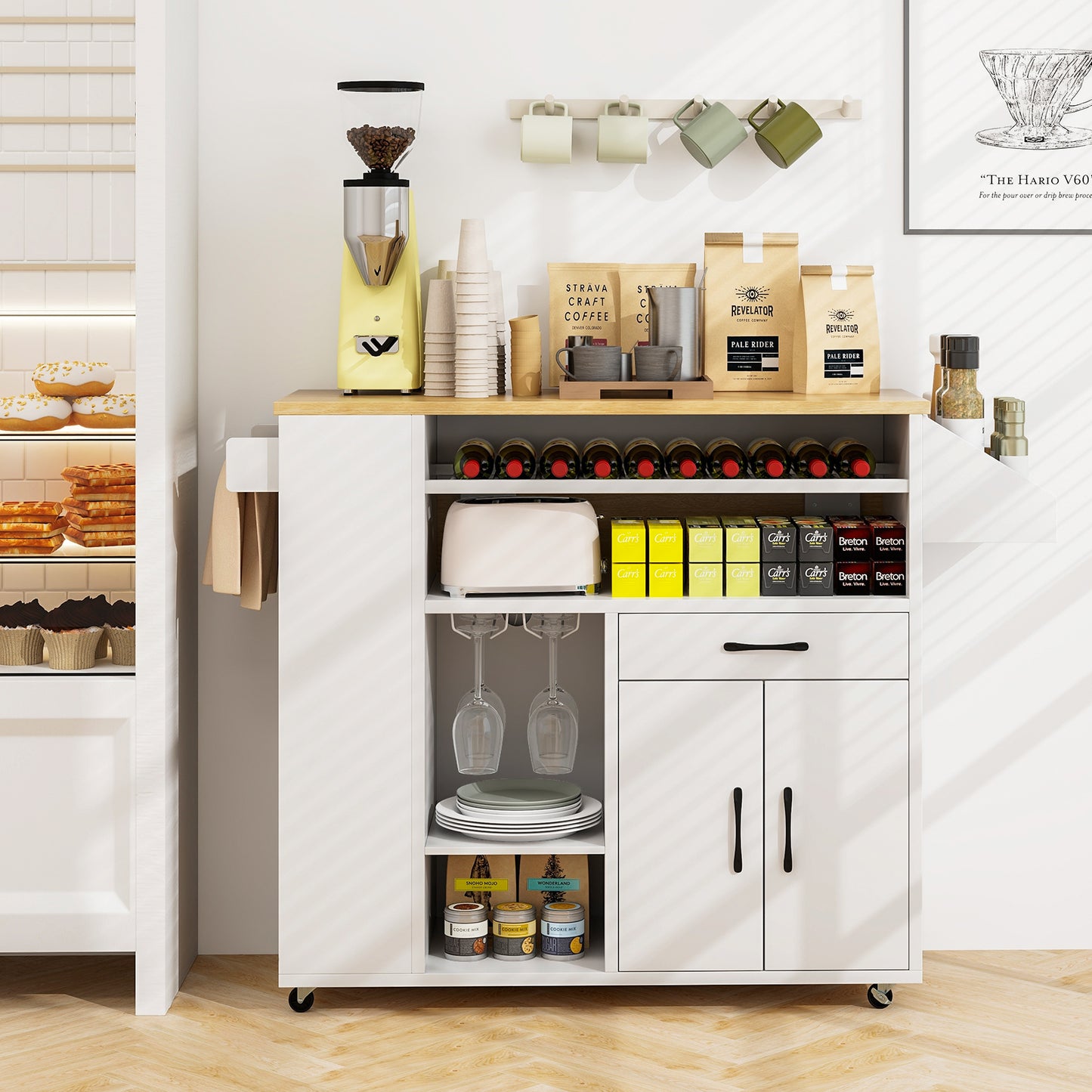 Kitchen Island Cart with Built-In Power Outlets and Storage for Dining Room