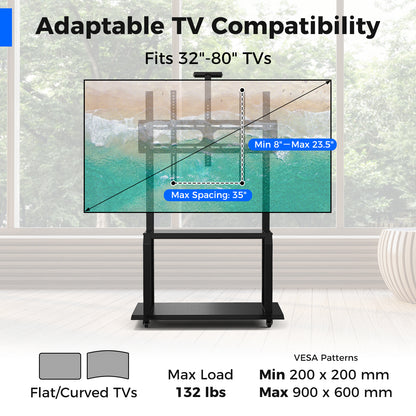 Rolling TV Stand with Adjustable Camera Shelf and Dual AV Storage for 32 to 80 Inch TVs