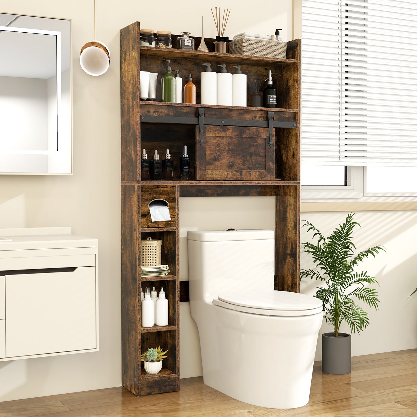 Over-The-Toilet Storage Cabinet with Sliding Door, Adjustable Shelves & Hooks