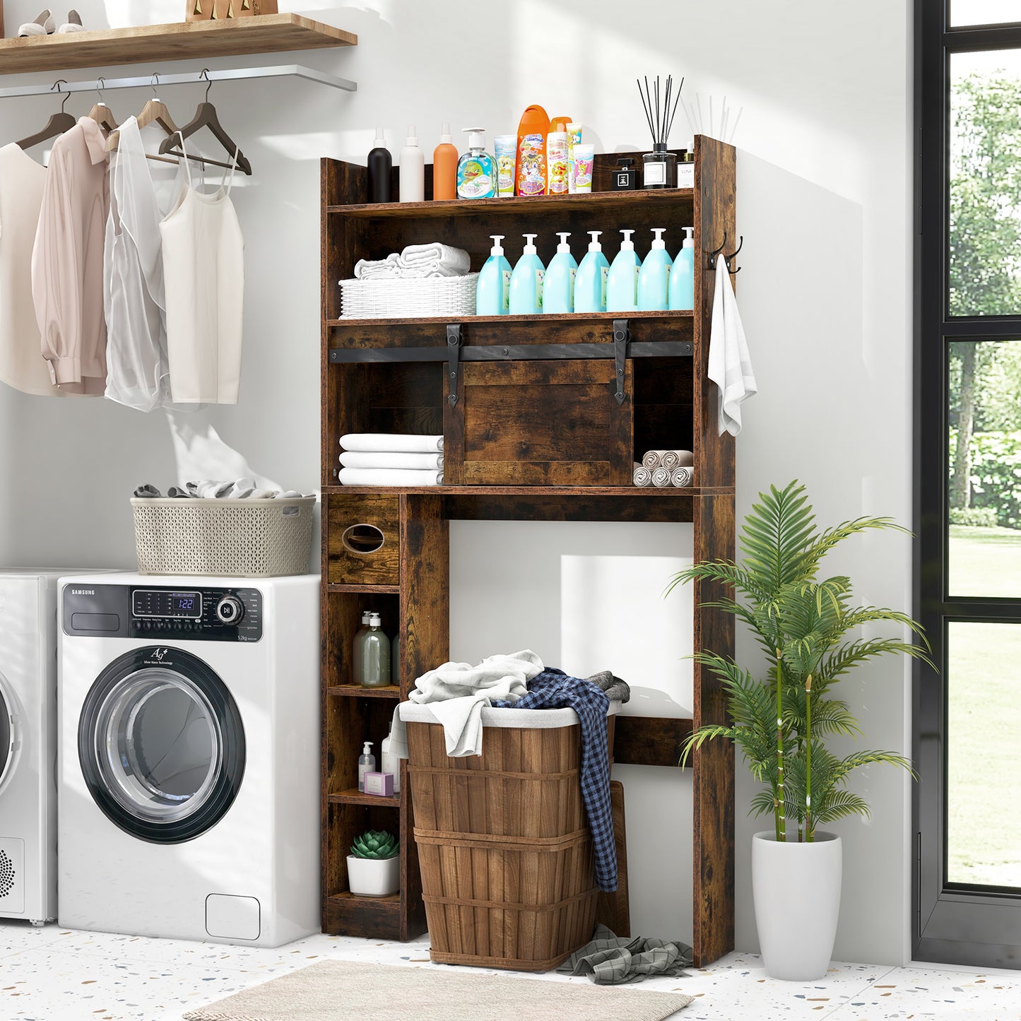 Over-The-Toilet Storage Cabinet with Sliding Door, Adjustable Shelves & Hooks