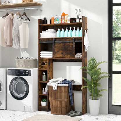 Over-The-Toilet Storage Cabinet with Sliding Door, Adjustable Shelves & Hooks
