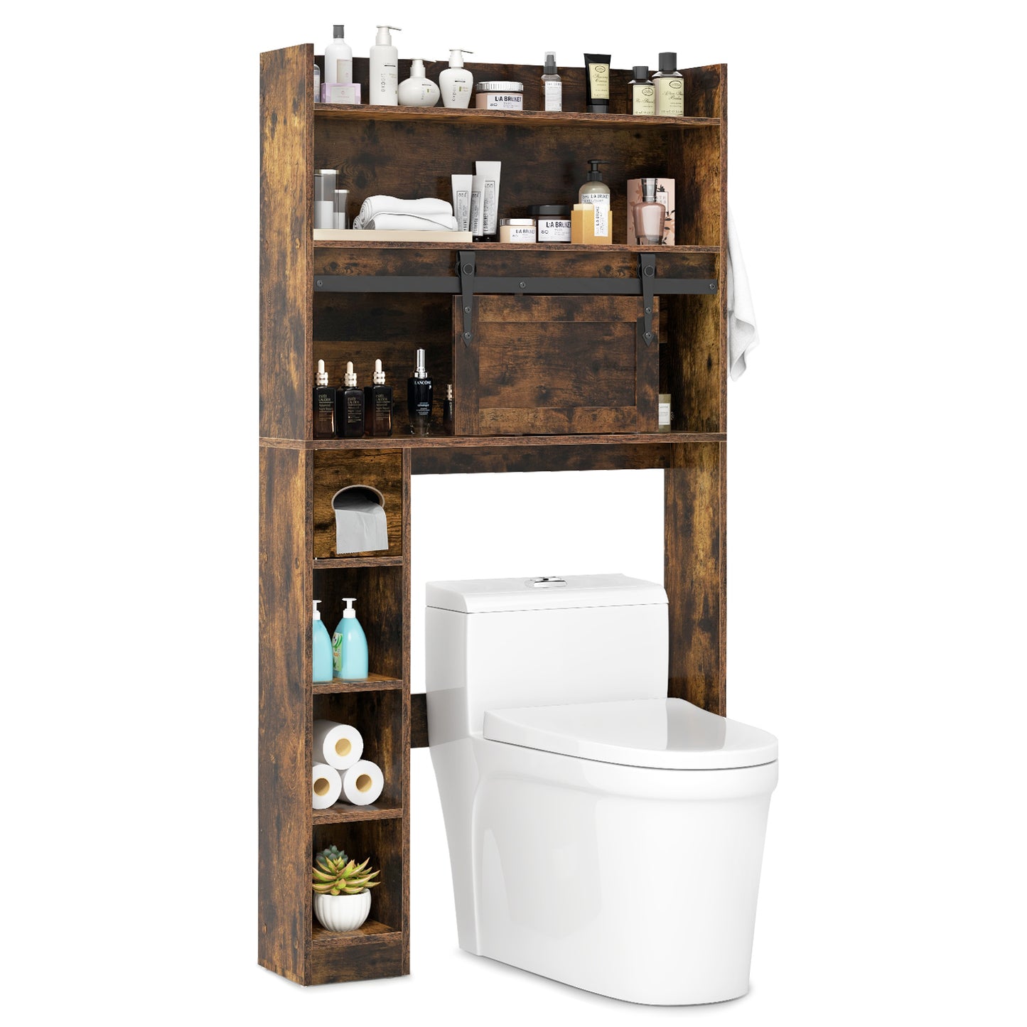 Over-The-Toilet Storage Cabinet with Sliding Door, Adjustable Shelves & Hooks