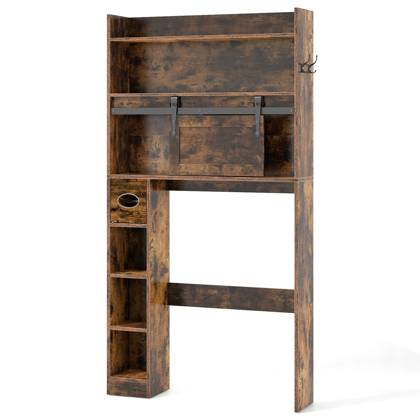 Over-The-Toilet Storage Cabinet with Sliding Door, Adjustable Shelves & Hooks