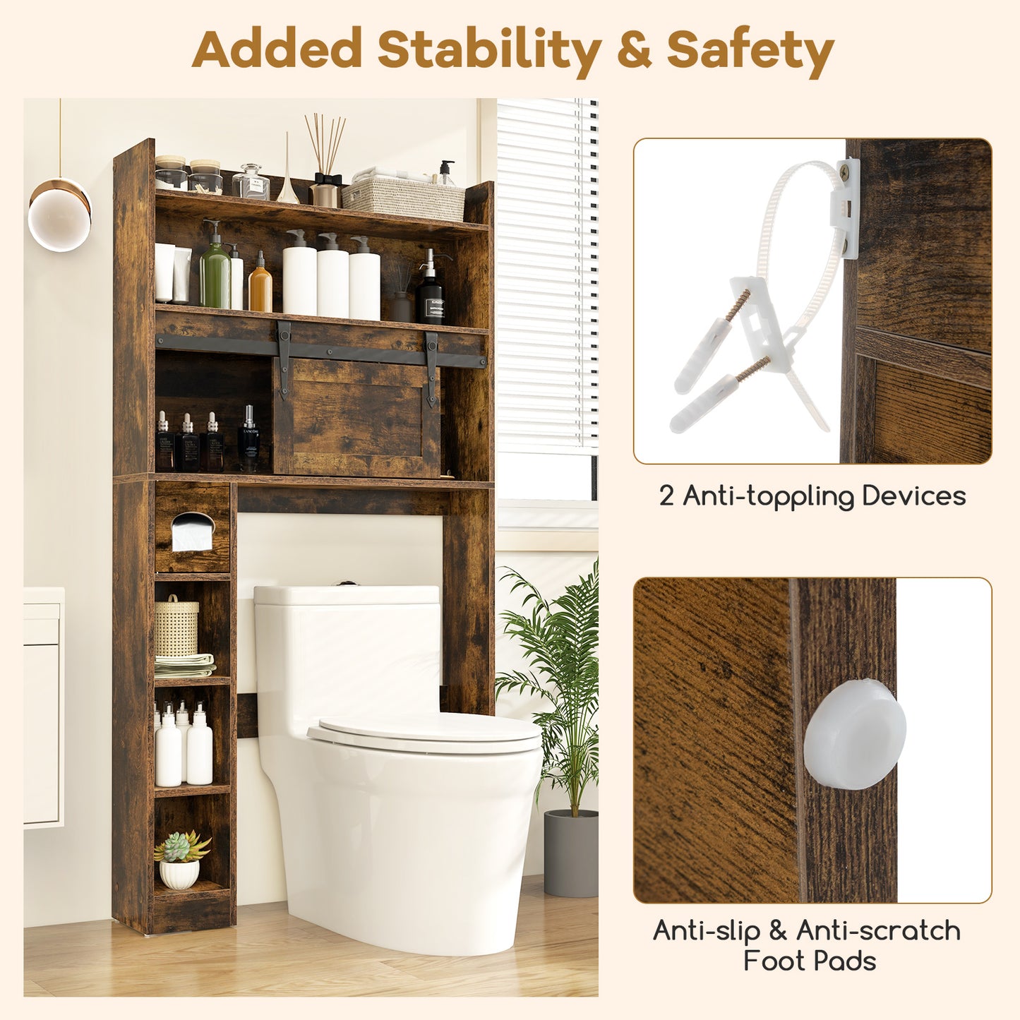 Over-The-Toilet Storage Cabinet with Sliding Door, Adjustable Shelves & Hooks
