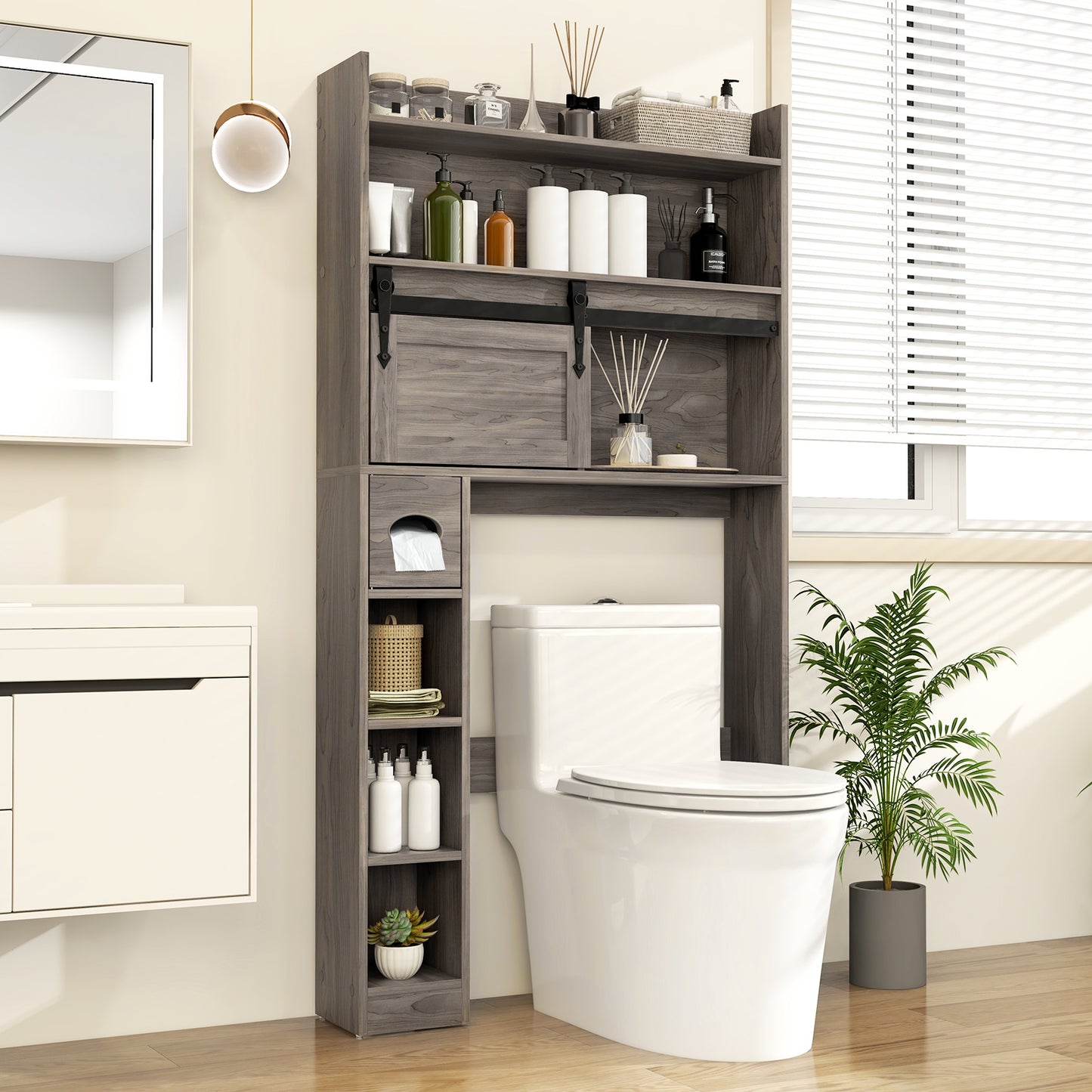 Over-The-Toilet Storage Cabinet with Sliding Door, Adjustable Shelves & Hooks