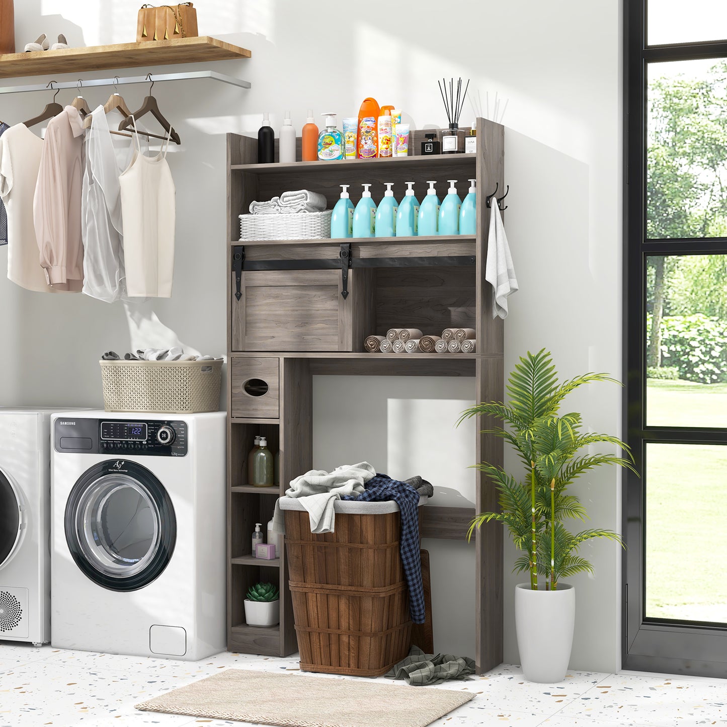 Over-The-Toilet Storage Cabinet with Sliding Door, Adjustable Shelves & Hooks