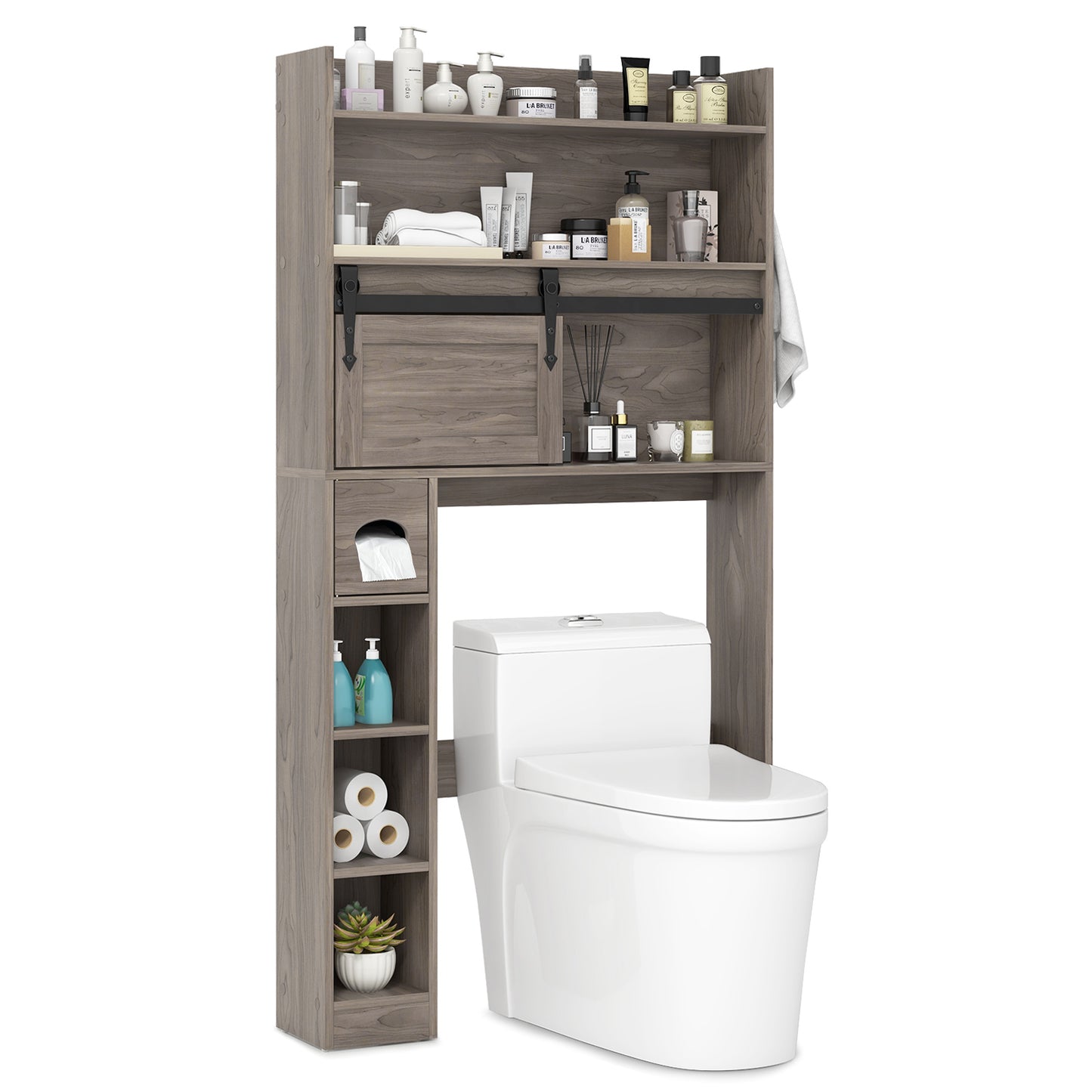 Over-The-Toilet Storage Cabinet with Sliding Door, Adjustable Shelves & Hooks