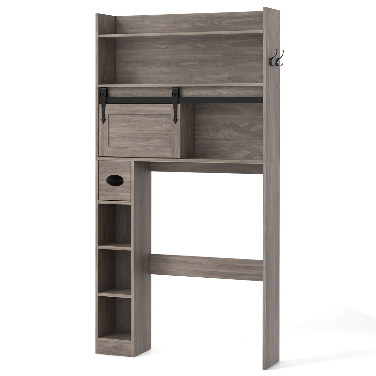 Over-The-Toilet Storage Cabinet with Sliding Door, Adjustable Shelves & Hooks