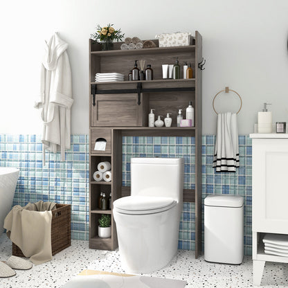 Over-The-Toilet Storage Cabinet with Sliding Door, Adjustable Shelves & Hooks