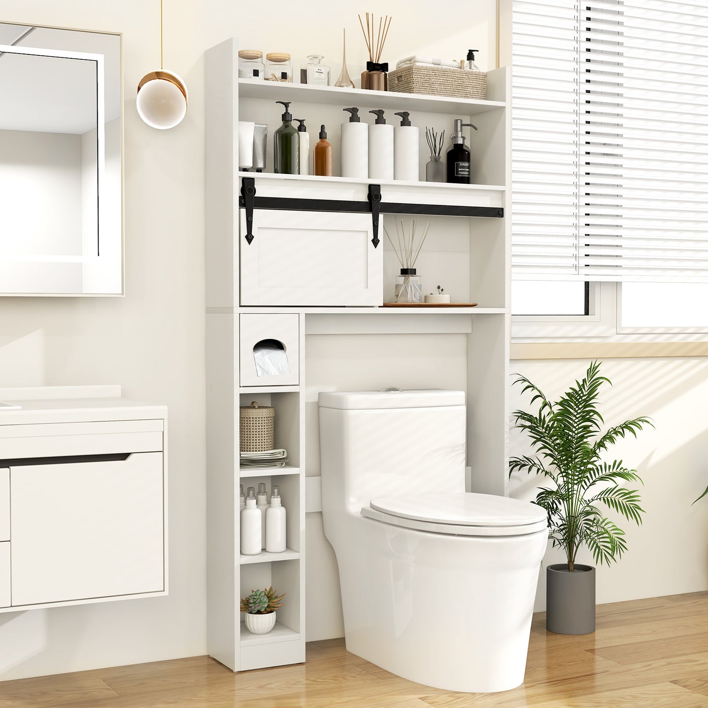 Over-The-Toilet Storage Cabinet with Sliding Door, Adjustable Shelves & Hooks