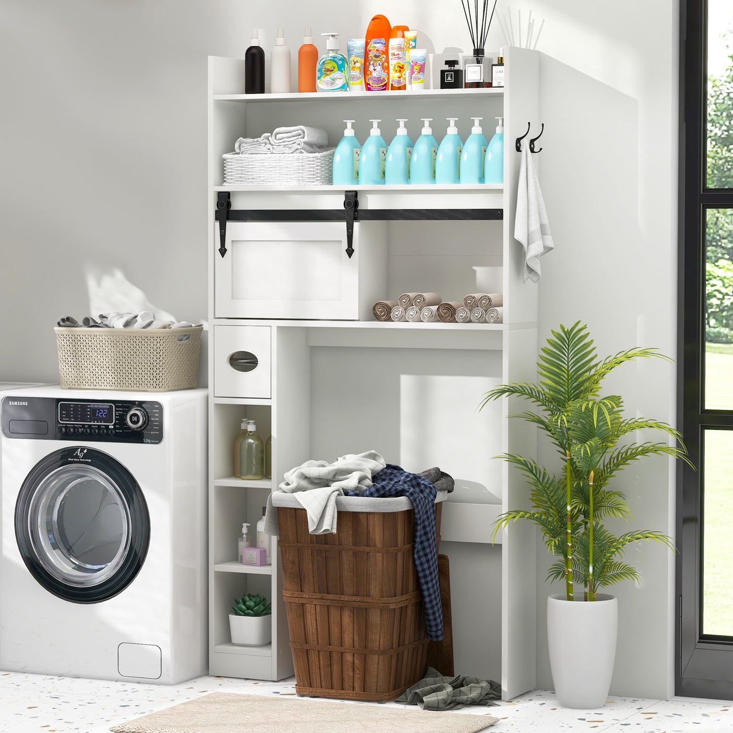 Over-The-Toilet Storage Cabinet with Sliding Door, Adjustable Shelves & Hooks
