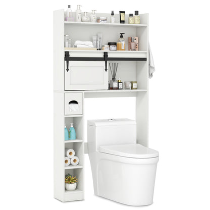 Over-The-Toilet Storage Cabinet with Sliding Door, Adjustable Shelves & Hooks