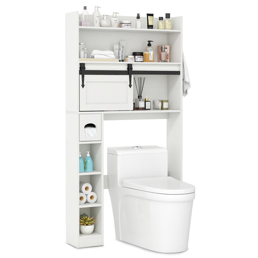 Over-The-Toilet Storage Cabinet with Sliding Door, Adjustable Shelves & Hooks