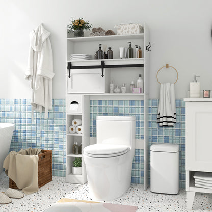 Over-The-Toilet Storage Cabinet with Sliding Door, Adjustable Shelves & Hooks