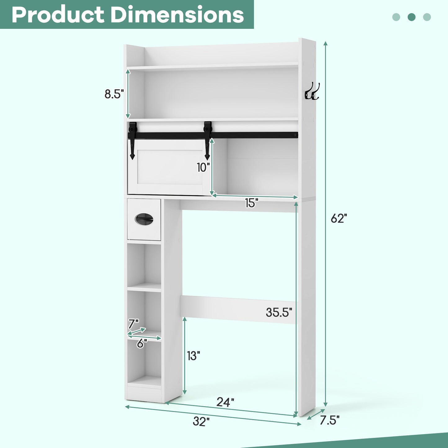 Over-The-Toilet Storage Cabinet with Sliding Door, Adjustable Shelves & Hooks