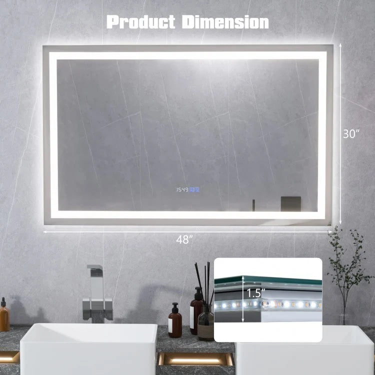 LED Wall-Mounted Bathroom Mirror with 3 Color Dimmable Lighting & Anti-Fog Function