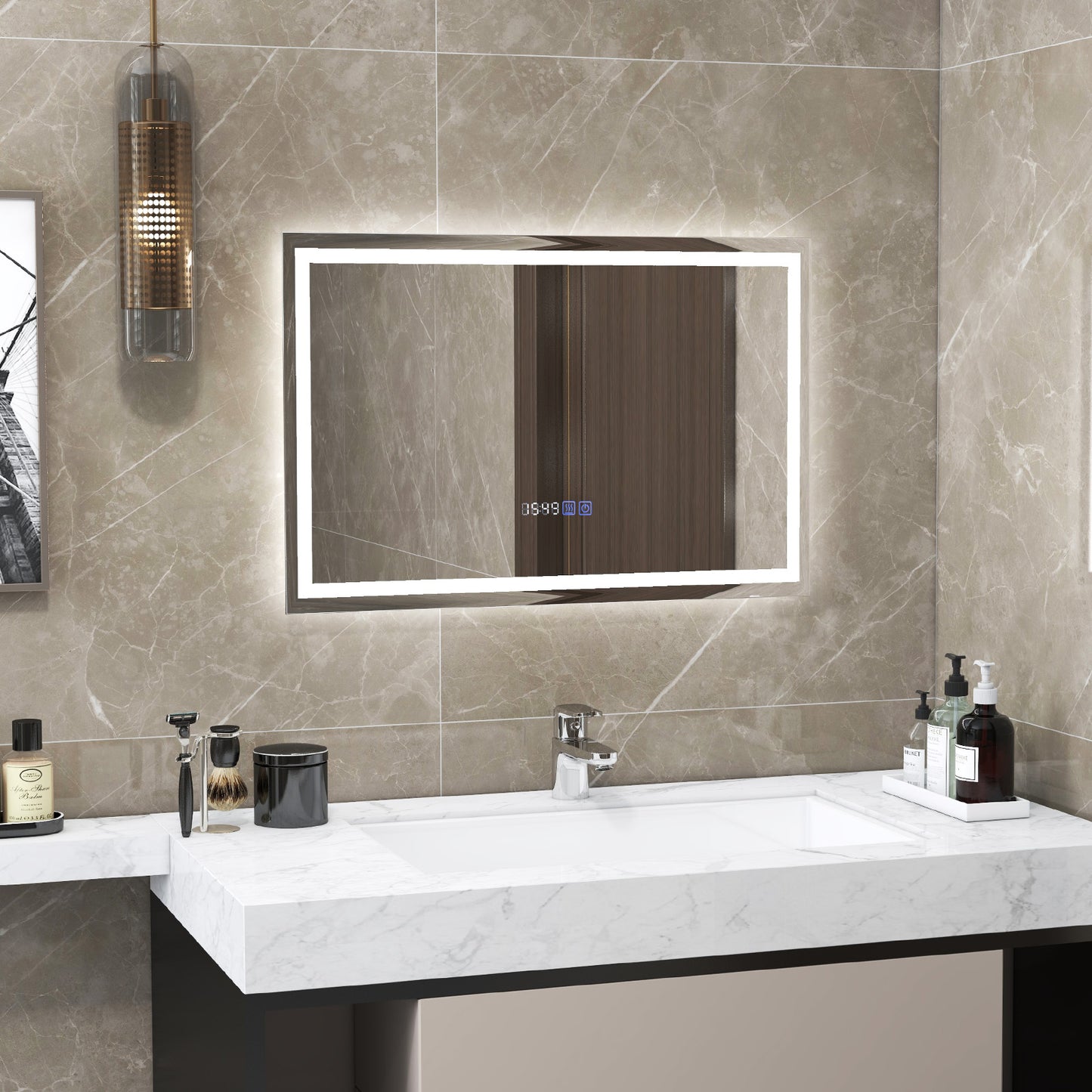 LED Wall-Mounted Bathroom Mirror with 3 Color Dimmable Lighting & Anti-Fog Function