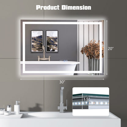 LED Wall-Mounted Bathroom Mirror with 3 Color Dimmable Lighting & Anti-Fog Function
