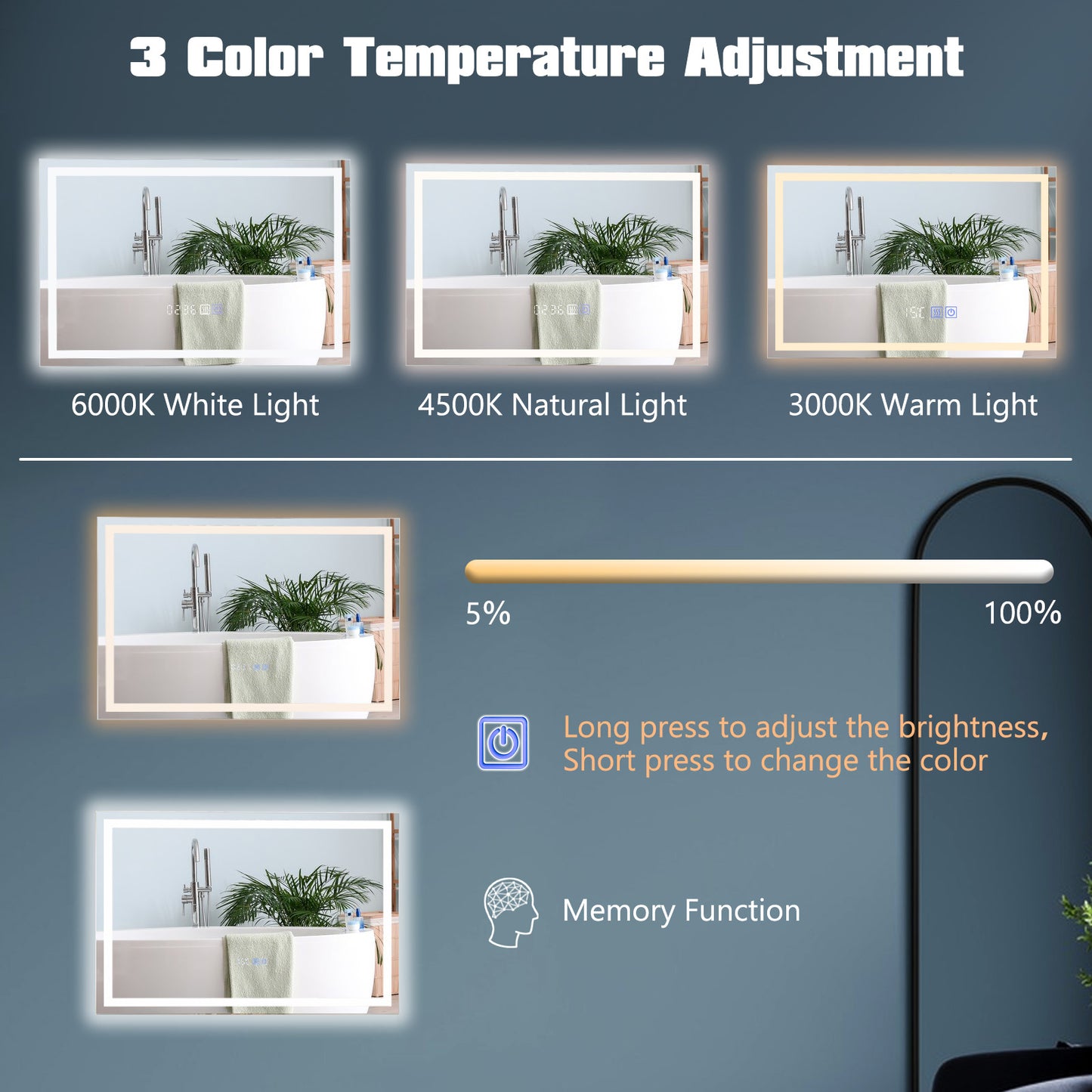 LED Wall-Mounted Bathroom Mirror with 3 Color Dimmable Lighting & Anti-Fog Function