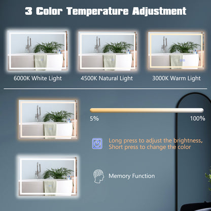 LED Wall-Mounted Bathroom Mirror with 3 Color Dimmable Lighting & Anti-Fog Function