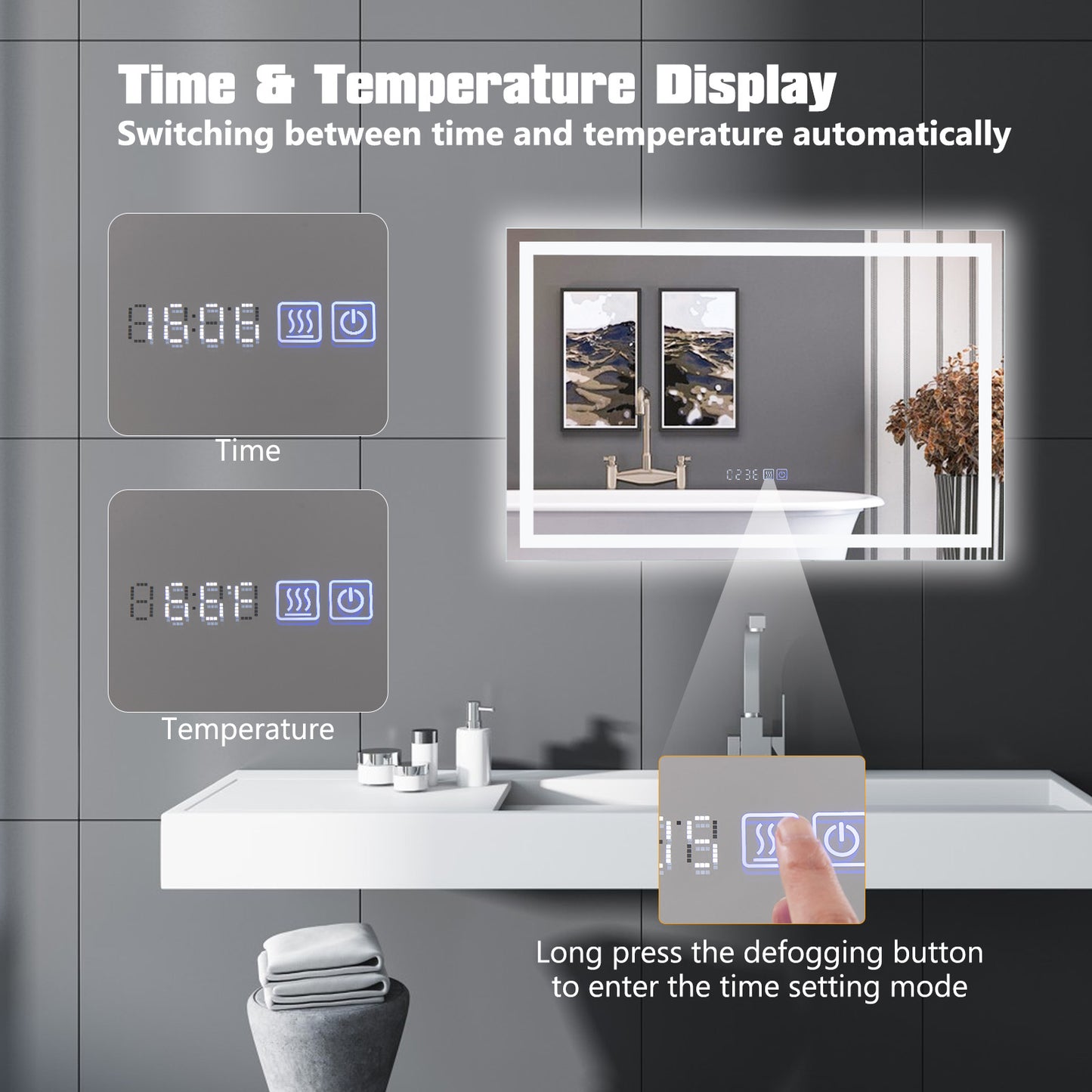 LED Wall-Mounted Bathroom Mirror with 3 Color Dimmable Lighting & Anti-Fog Function