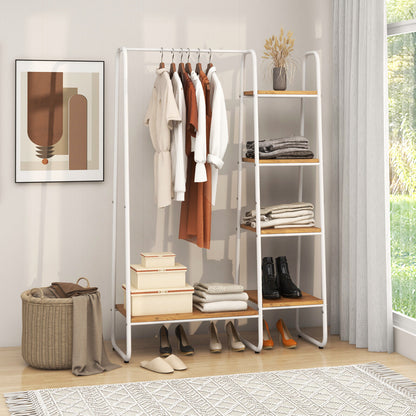 Freestanding Clothes Rack with Metal Frame and 5-Tier Storage Tower in White – Multifunctional Organizer for Bedroom, Closet, Entryway