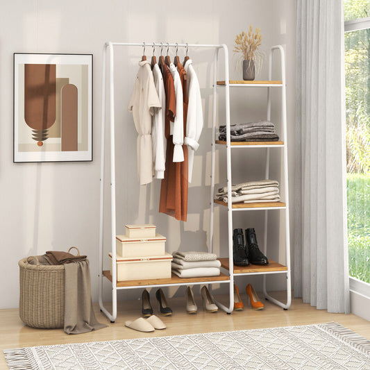 Freestanding Clothes Rack with Metal Frame and 5-Tier Storage Tower in White – Multifunctional Organizer for Bedroom, Closet, Entryway
