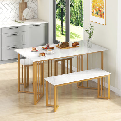 Modern 4 Piece Dining Set with Bench and 2 Stools White Marble Finish