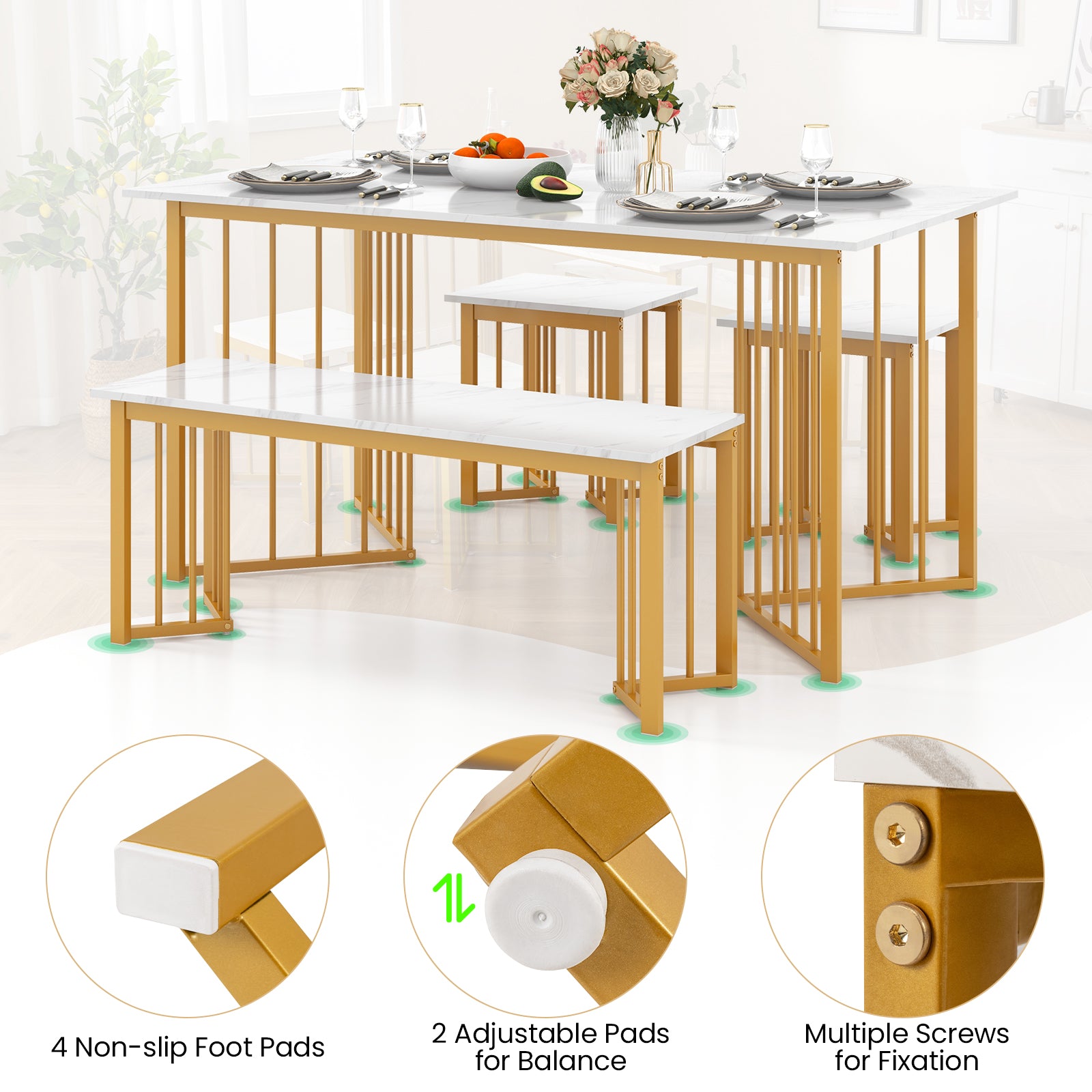 Dining table set with benches and additional features highlighted on a white background