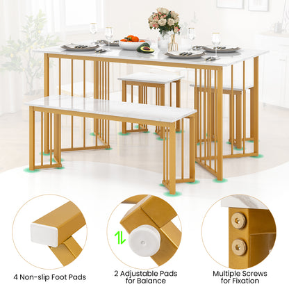 Dining table set with benches and additional features highlighted on a white background