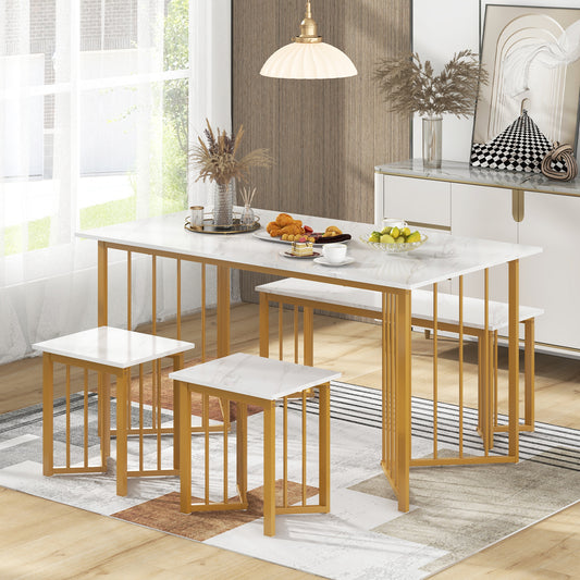 Modern 4 Piece Dining Set with Bench and 2 Stools White Marble Finish