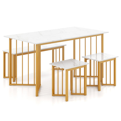 Modern 4 Piece Dining Set with Bench and 2 Stools White Marble Finish